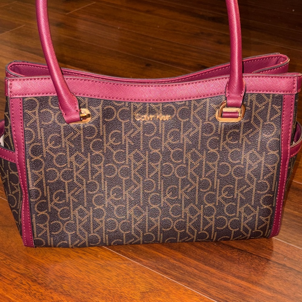 Calvin Klein Monogram Shoulder Bag in Brown and Burgundy
